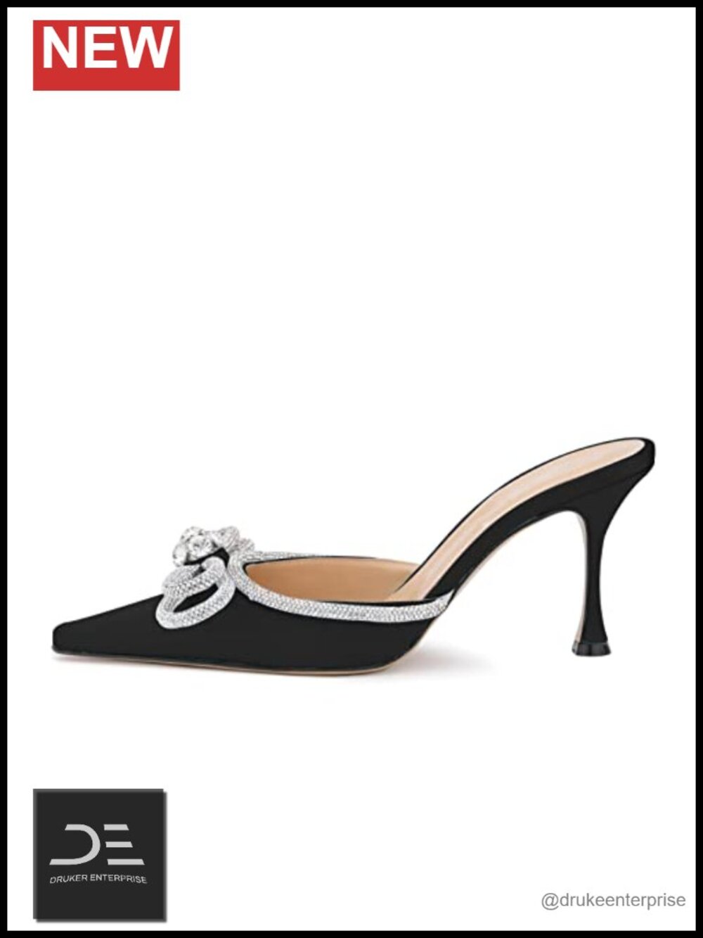 Rhinestone Crystal Double Bow Satin Heeled Mules Pointed Toe Stiletto Sandals